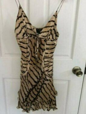 Roberto Cavalli Tan and Black Animal-Print Slip Dress 100% Silk